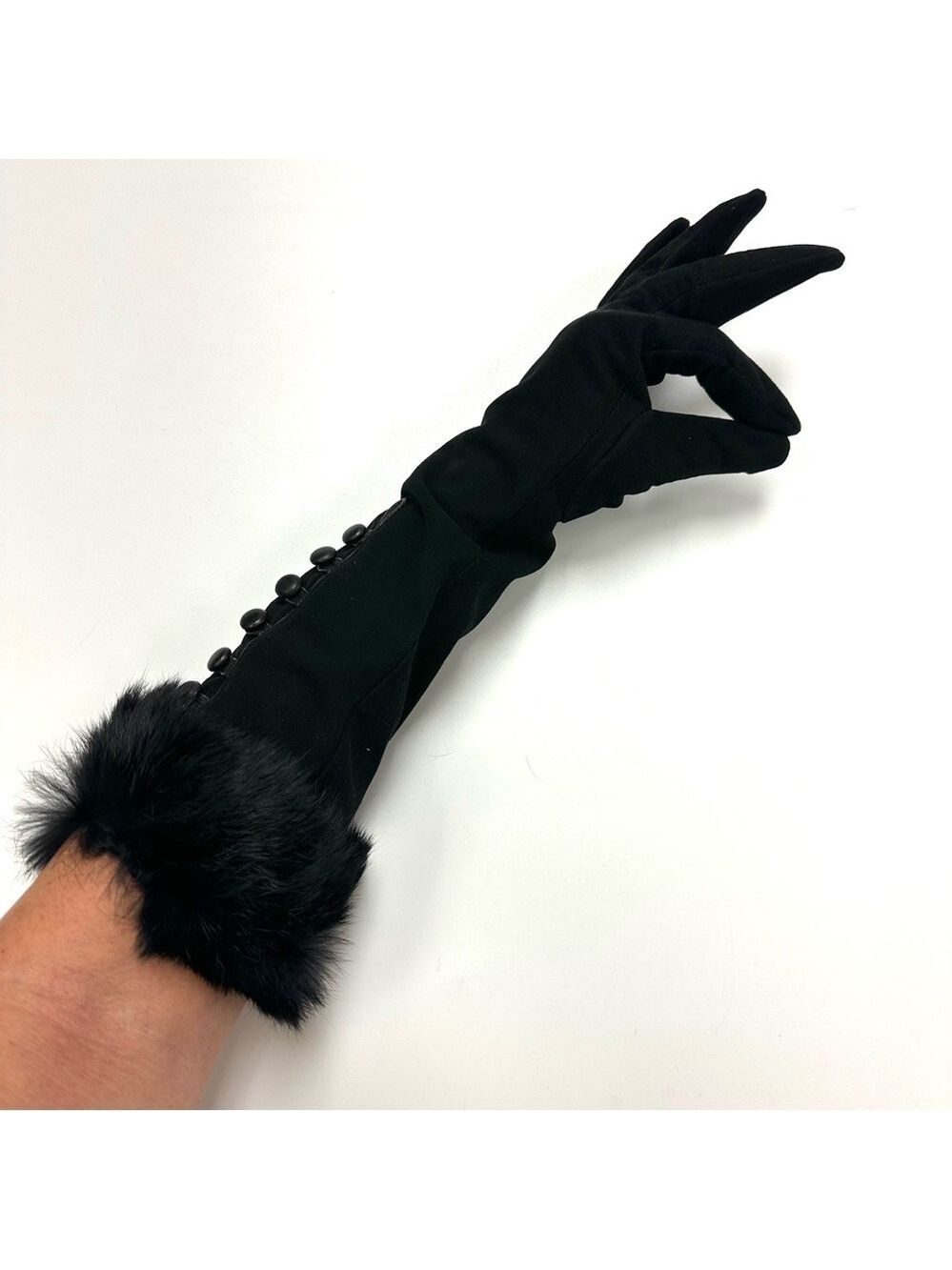 Elbow length fur trim gloves Fits Small Medium microfibre suede womens black